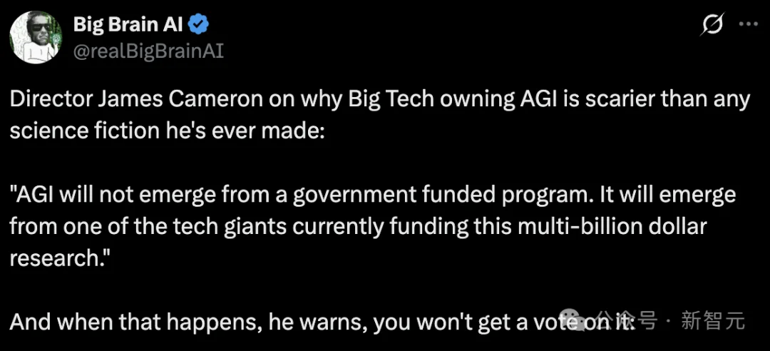 卡梅隆警告：科技巨头垄断AGI比《终结者》天网更危险百倍