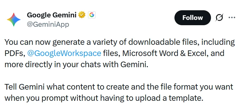 谷歌Gemini王炸更新：一句话生成PDF、Word、Excel等30+格式，效率神器颠覆办公