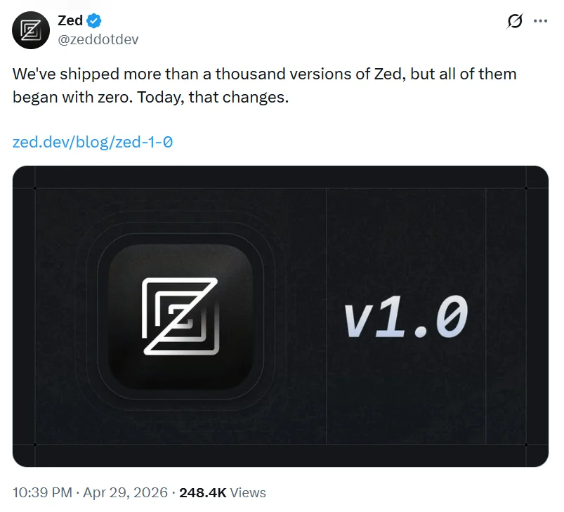 Zed 1.0上线即爆火！Atom原班人马用Rust打造AI编辑器，性能丝滑如游戏引擎，开发者：不再怀念VS Code