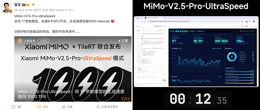 雷军宣布：小米万亿参数模型MiMo-V2.5-Pro-UltraSpeed，10倍速度仅需8张GPU，3倍成本1000 tokens/s