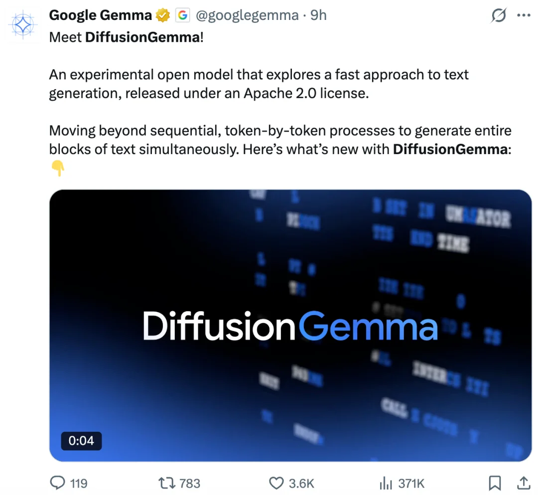 谷歌开源26B文本扩散MoE模型DiffusionGemma，生成速度如赛马般迅猛