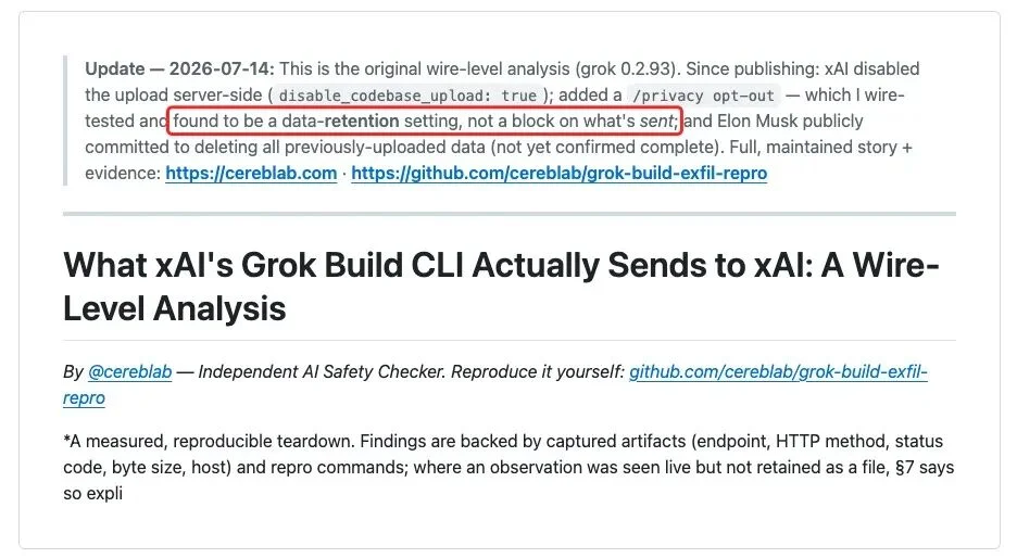马斯克连夜开源Grok Build，但84万行代码里还留着上传用户整个代码库的痕迹