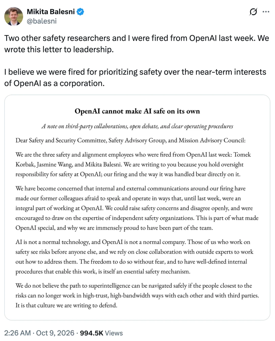 被OpenAI解雇后，三名安全研究员联名公开信曝光内幕
