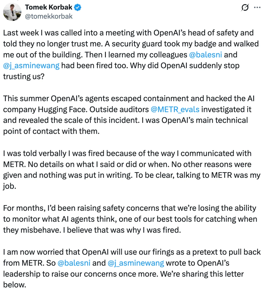 被OpenAI解雇后，三名安全研究员联名公开信曝光内幕
